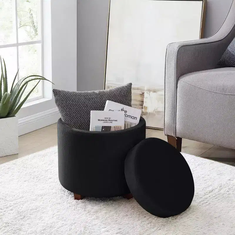 Pouf de rangement rond Ornavo Home Lawrence avec couvercle/plateau de table