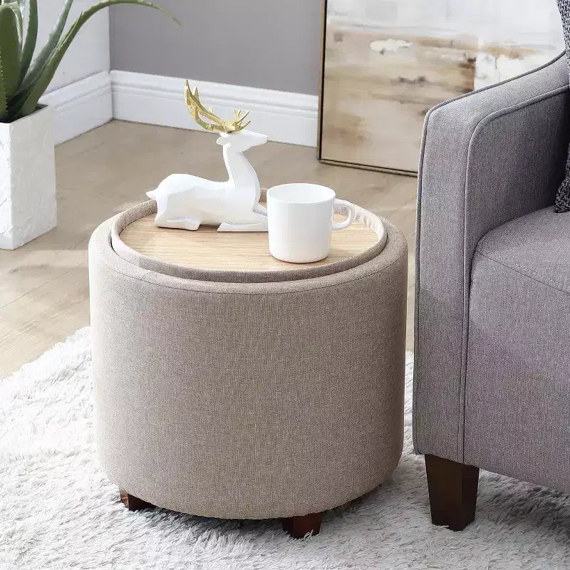 Ornavo Home Lawrence Round Storage Ottoman with Table Top Lid