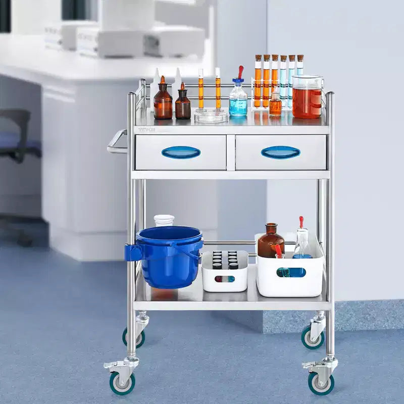 Chariot de service de laboratoire VEVOR, chariot roulant utilitaire en acier inoxydable à 2 niveaux, chariot médical avec deux tiroirs, chariot utilitaire dentaire