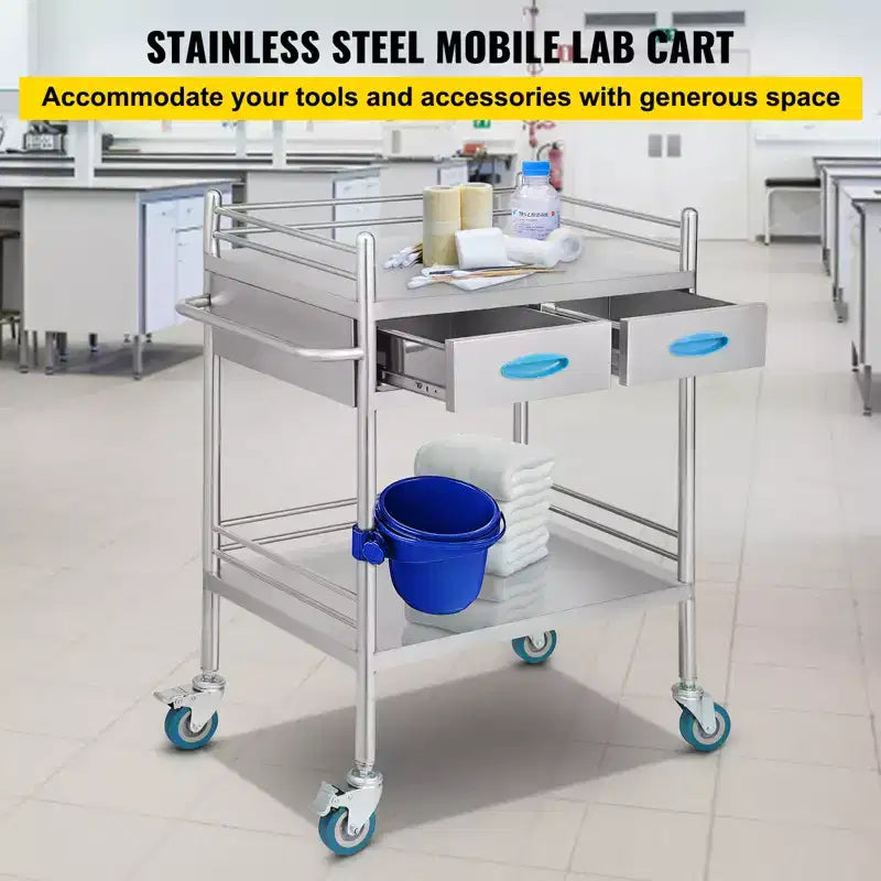 Chariot de service de laboratoire VEVOR, chariot roulant utilitaire en acier inoxydable à 2 niveaux, chariot médical avec deux tiroirs, chariot utilitaire dentaire
