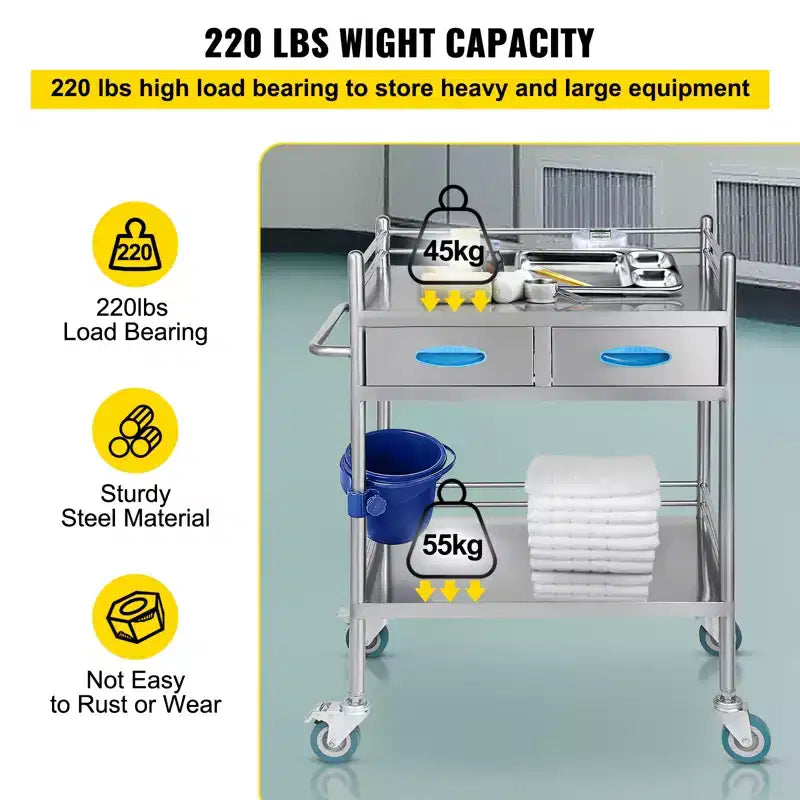 Chariot de service de laboratoire VEVOR, chariot roulant utilitaire en acier inoxydable à 2 niveaux, chariot médical avec deux tiroirs, chariot utilitaire dentaire