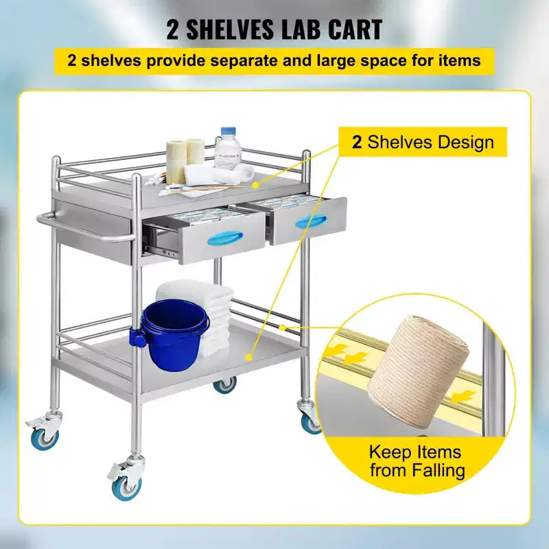 Chariot de service de laboratoire VEVOR, chariot roulant utilitaire en acier inoxydable à 2 niveaux, chariot médical avec deux tiroirs, chariot utilitaire dentaire