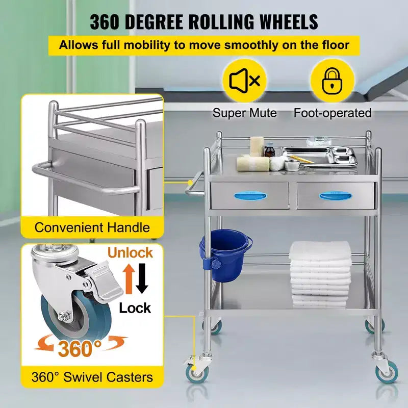 Chariot de service de laboratoire VEVOR, chariot roulant utilitaire en acier inoxydable à 2 niveaux, chariot médical avec deux tiroirs, chariot utilitaire dentaire