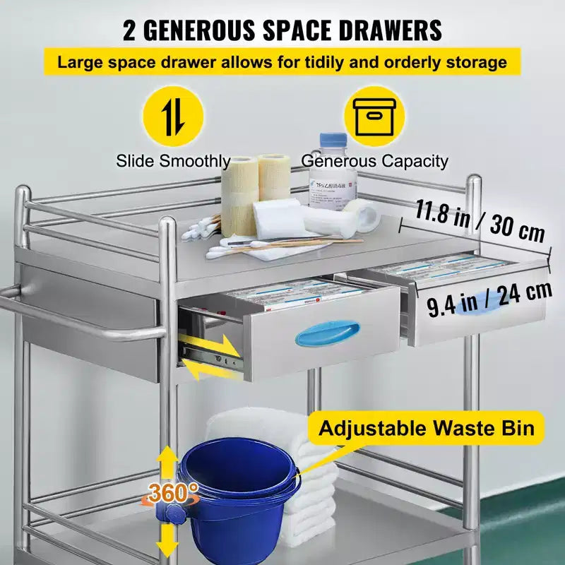 Chariot de service de laboratoire VEVOR, chariot roulant utilitaire en acier inoxydable à 2 niveaux, chariot médical avec deux tiroirs, chariot utilitaire dentaire
