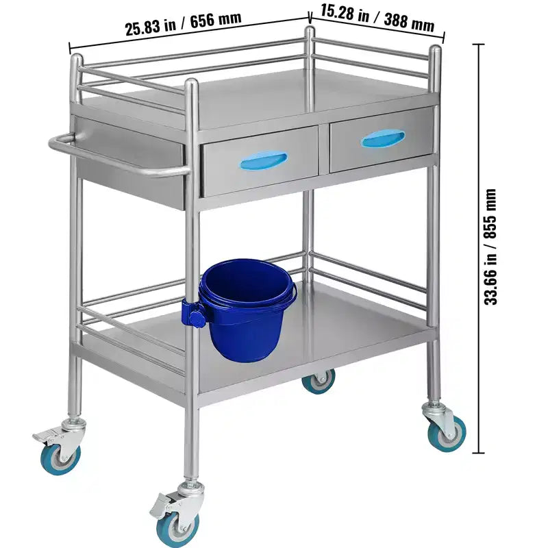 Chariot de service de laboratoire VEVOR, chariot roulant utilitaire en acier inoxydable à 2 niveaux, chariot médical avec deux tiroirs, chariot utilitaire dentaire