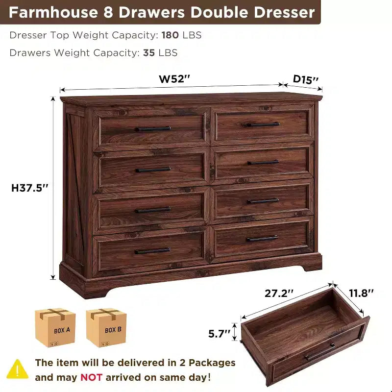 Commode SinCiDo à 8 tiroirs pour chambre à coucher, commode rustique en bois de style ferme avec poignée en métal, organisateur de tiroirs rustique de 52 po de large
