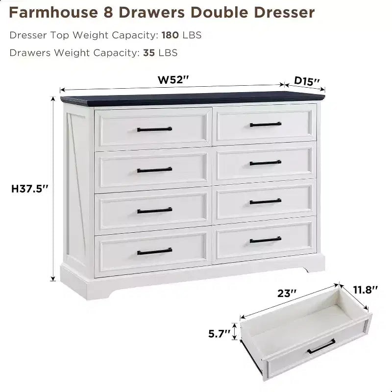Commode SinCiDo à 8 tiroirs pour chambre à coucher, commode rustique en bois de style ferme avec poignée en métal, organisateur de tiroirs rustique de 52 po de large