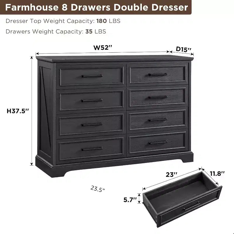 Commode SinCiDo à 8 tiroirs pour chambre à coucher, commode rustique en bois de style ferme avec poignée en métal, organisateur de tiroirs rustique de 52 po de large