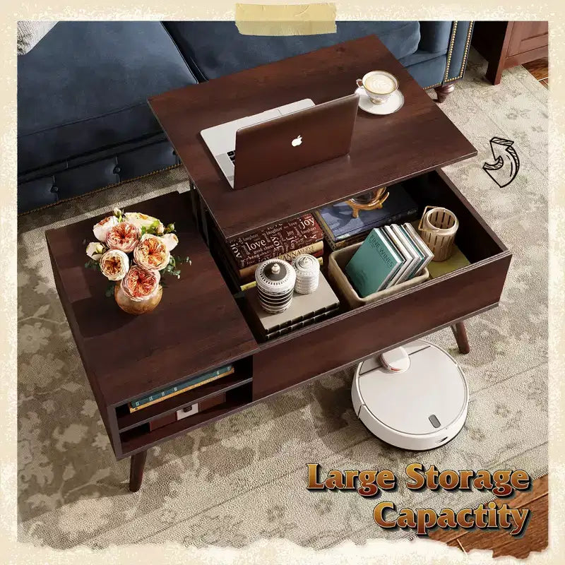 Table basse relevable GALAXHERO pour salon, petite table basse avec rangement, compartiment caché et étagère réglable, style milieu de siècle moderne