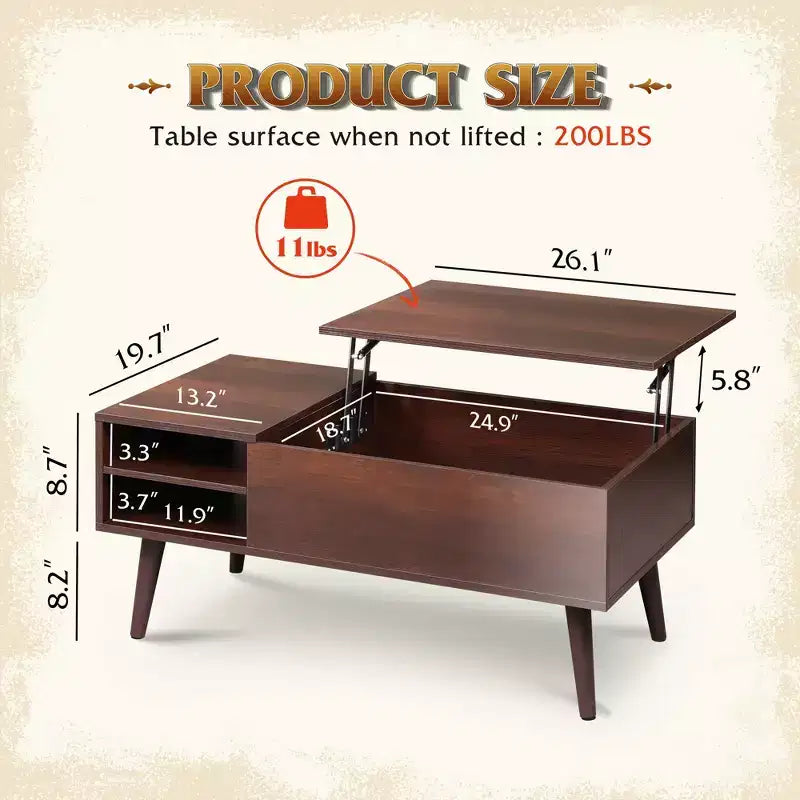 Table basse relevable GALAXHERO pour salon, petite table basse avec rangement, compartiment caché et étagère réglable, style milieu de siècle moderne