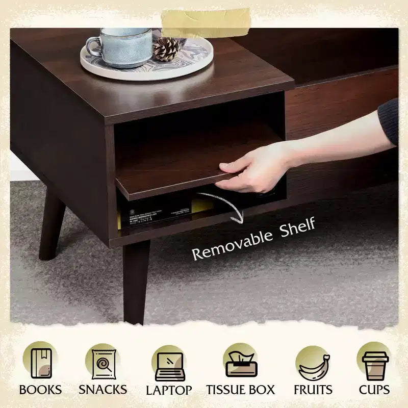 Table basse relevable GALAXHERO pour salon, petite table basse avec rangement, compartiment caché et étagère réglable, style milieu de siècle moderne