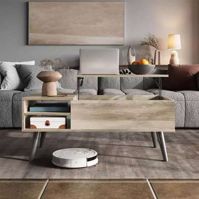 Table basse relevable GALAXHERO pour salon, petite table basse avec rangement, compartiment caché et étagère réglable, style milieu de siècle moderne
