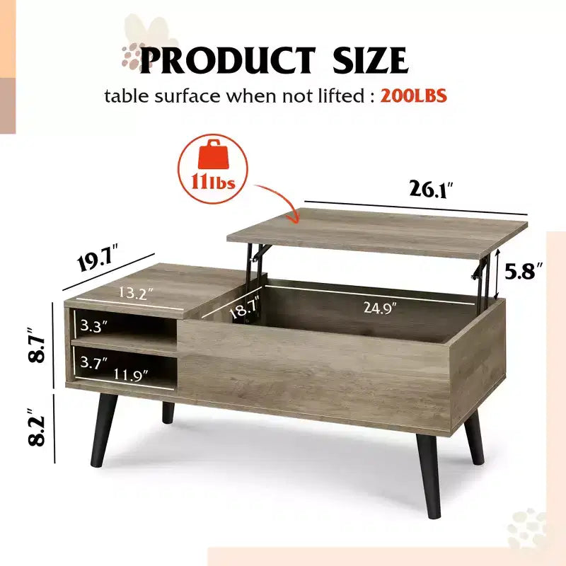 Table basse relevable GALAXHERO pour salon, petite table basse avec rangement, compartiment caché et étagère réglable, style milieu de siècle moderne
