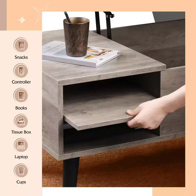 Table basse relevable GALAXHERO pour salon, petite table basse avec rangement, compartiment caché et étagère réglable, style milieu de siècle moderne