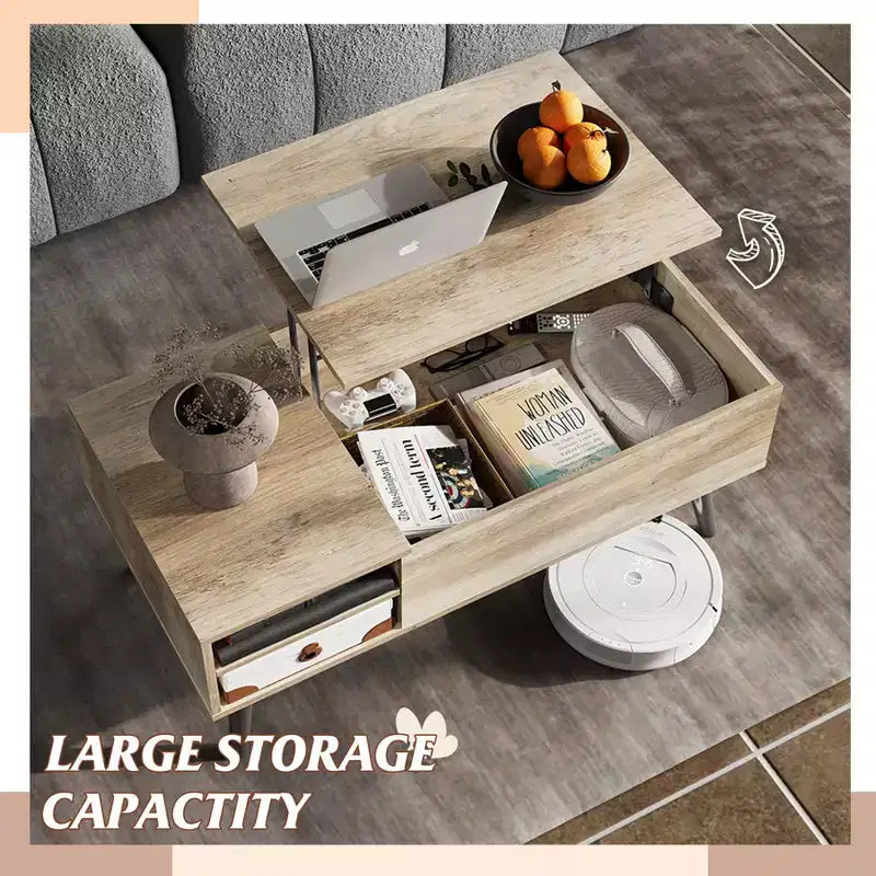 Table basse relevable GALAXHERO pour salon, petite table basse avec rangement, compartiment caché et étagère réglable, style milieu de siècle moderne