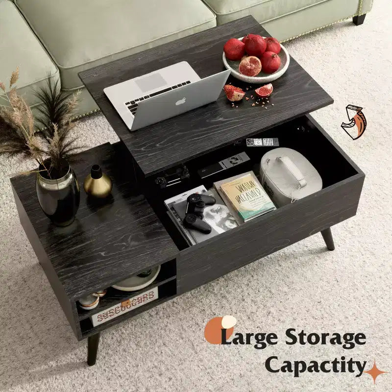 Table basse relevable GALAXHERO pour salon, petite table basse avec rangement, compartiment caché et étagère réglable, style milieu de siècle moderne