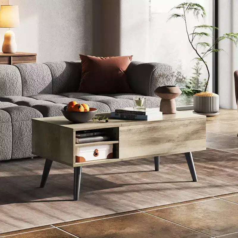 Table basse relevable GALAXHERO pour salon, petite table basse avec rangement, compartiment caché et étagère réglable, style milieu de siècle moderne