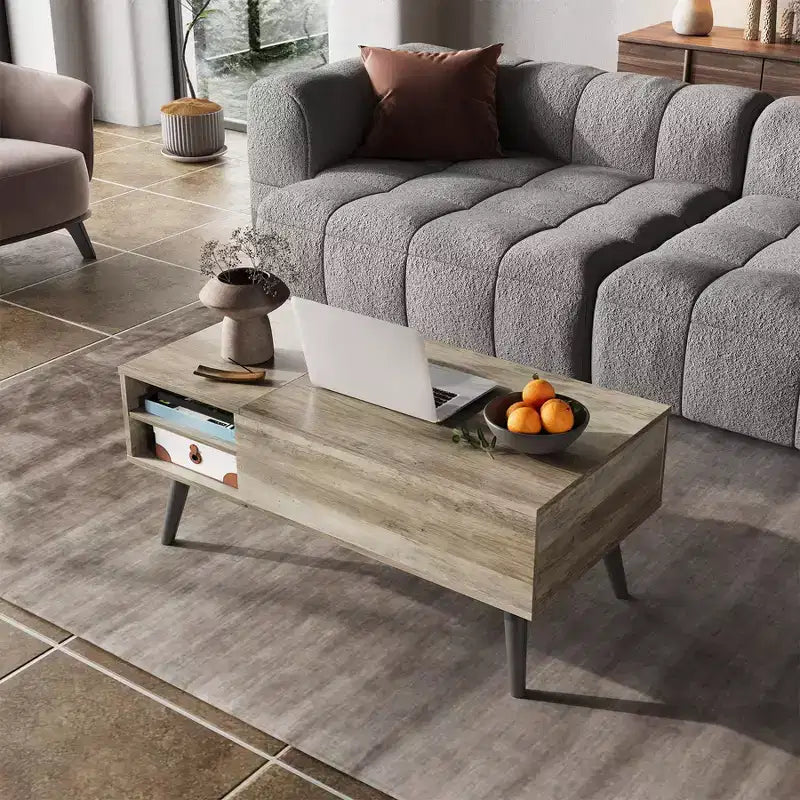 Table basse relevable GALAXHERO pour salon, petite table basse avec rangement, compartiment caché et étagère réglable, style milieu de siècle moderne