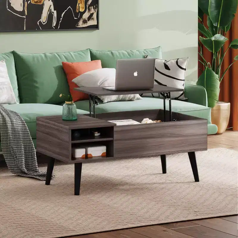 Table basse relevable GALAXHERO pour salon, petite table basse avec rangement, compartiment caché et étagère réglable, style milieu de siècle moderne