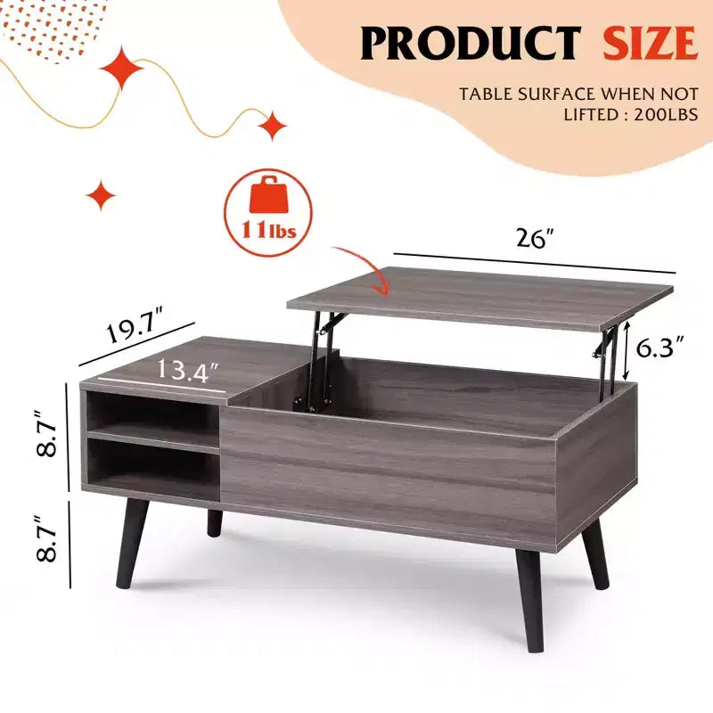 Table basse relevable GALAXHERO pour salon, petite table basse avec rangement, compartiment caché et étagère réglable, style milieu de siècle moderne