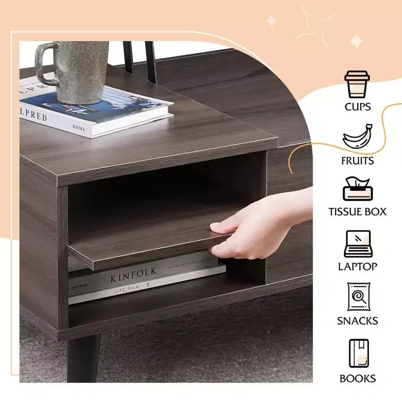 Table basse relevable GALAXHERO pour salon, petite table basse avec rangement, compartiment caché et étagère réglable, style milieu de siècle moderne