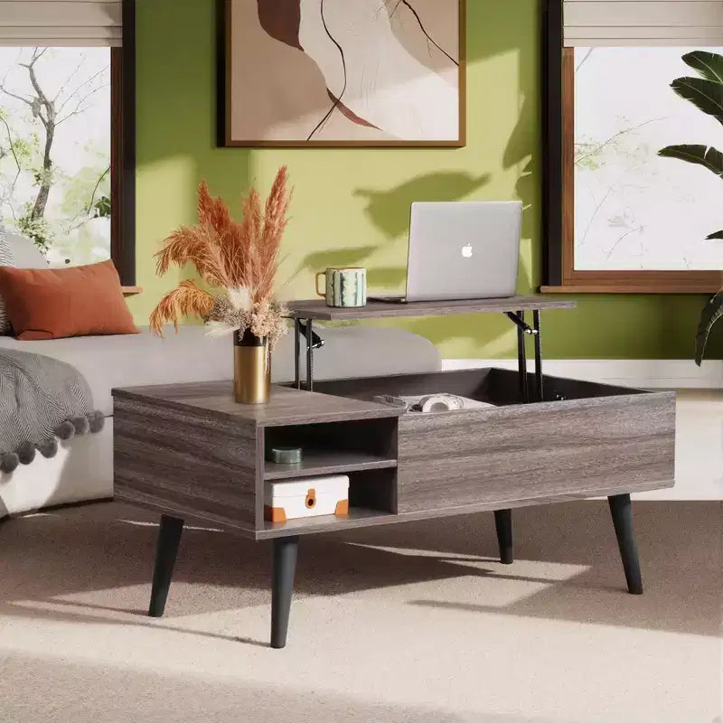 Table basse relevable GALAXHERO pour salon, petite table basse avec rangement, compartiment caché et étagère réglable, style milieu de siècle moderne