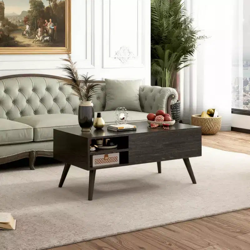 Table basse relevable GALAXHERO pour salon, petite table basse avec rangement, compartiment caché et étagère réglable, style milieu de siècle moderne
