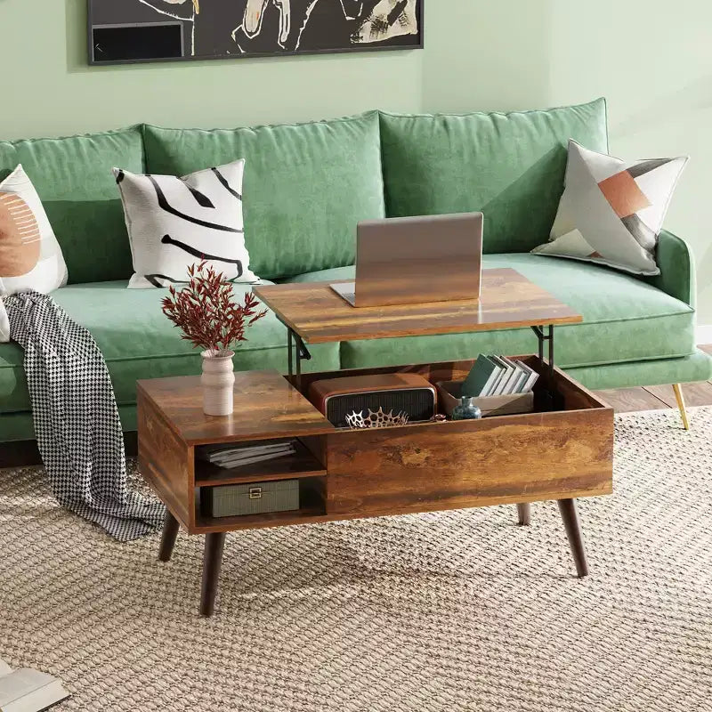 Table basse relevable GALAXHERO pour salon, petite table basse avec rangement, compartiment caché et étagère réglable, style milieu de siècle moderne