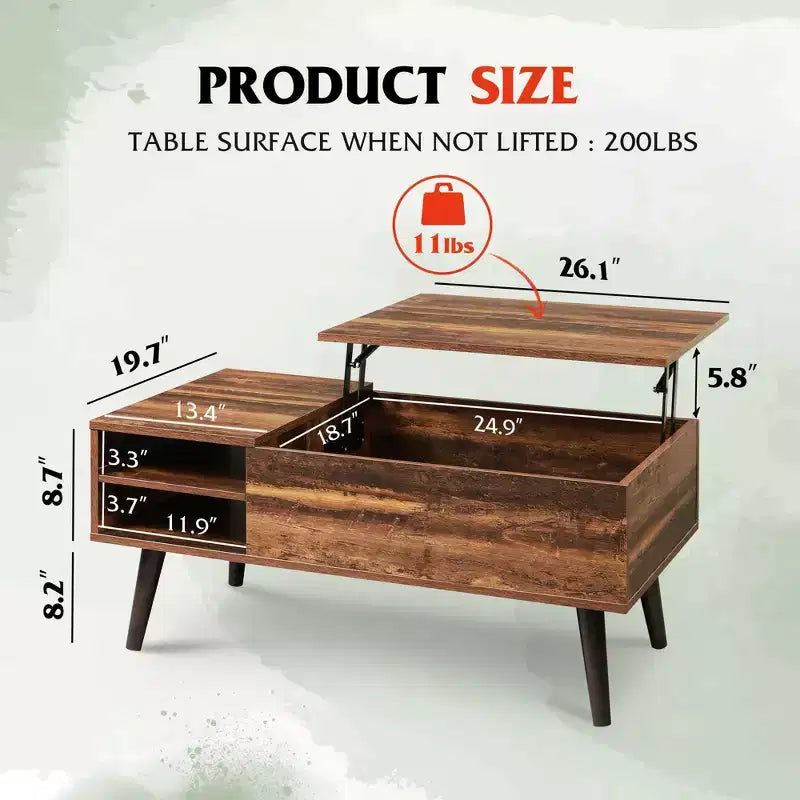Table basse relevable GALAXHERO pour salon, petite table basse avec rangement, compartiment caché et étagère réglable, style milieu de siècle moderne