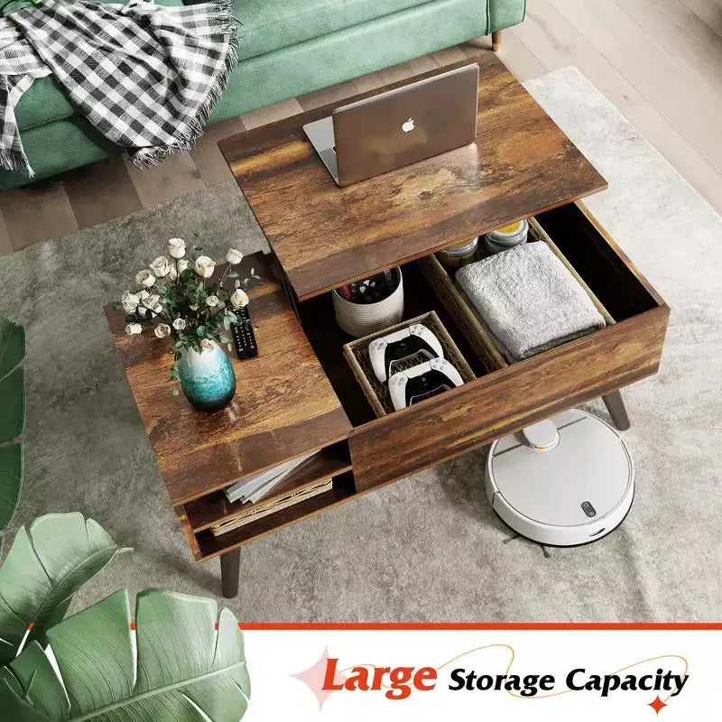 Table basse relevable GALAXHERO pour salon, petite table basse avec rangement, compartiment caché et étagère réglable, style milieu de siècle moderne