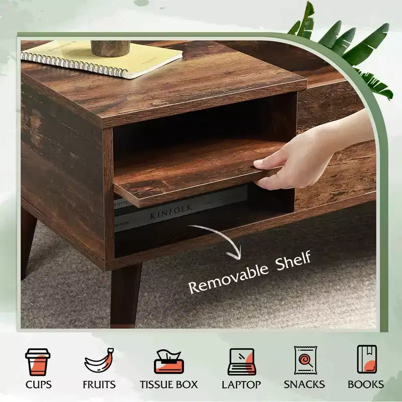 Table basse relevable GALAXHERO pour salon, petite table basse avec rangement, compartiment caché et étagère réglable, style milieu de siècle moderne
