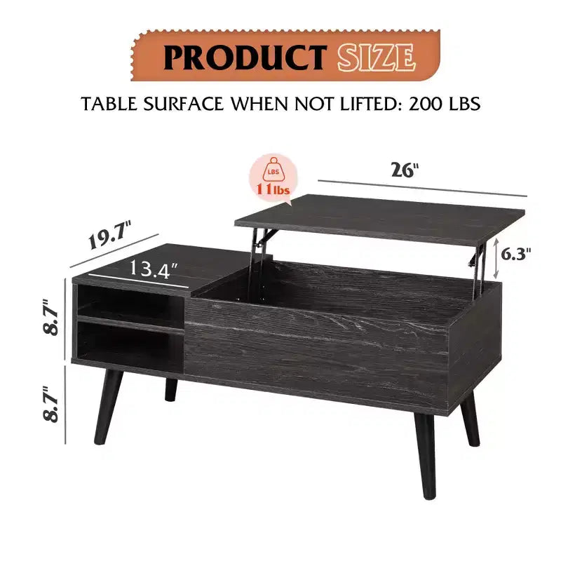 Table basse relevable GALAXHERO pour salon, petite table basse avec rangement, compartiment caché et étagère réglable, style milieu de siècle moderne