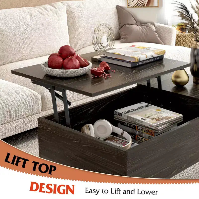 Table basse relevable GALAXHERO pour salon, petite table basse avec rangement, compartiment caché et étagère réglable, style milieu de siècle moderne