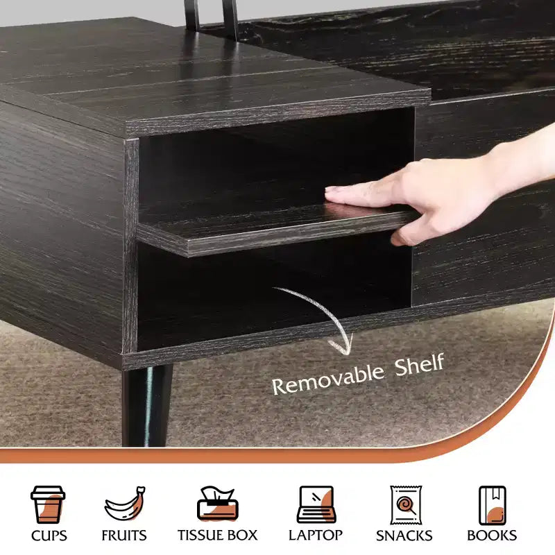 Table basse relevable GALAXHERO pour salon, petite table basse avec rangement, compartiment caché et étagère réglable, style milieu de siècle moderne