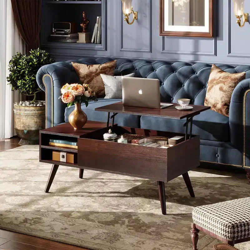 Table basse relevable GALAXHERO pour salon, petite table basse avec rangement, compartiment caché et étagère réglable, style milieu de siècle moderne