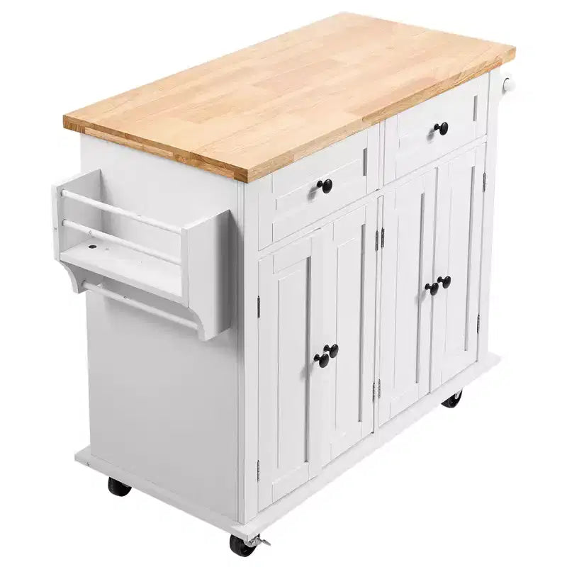 VEVOR Kitchen Island Cart with Solid Wood Top, 35.4 Width Mobile Carts with Storage Cabinet, Rolling Kitchen Table with Spice Rack, White