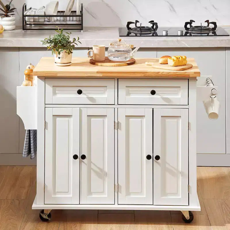 Desserte de cuisine VEVOR avec plateau en bois massif, chariot mobile de 90 cm de large avec meuble de rangement, table de cuisine roulante avec étagère à épices, blanc