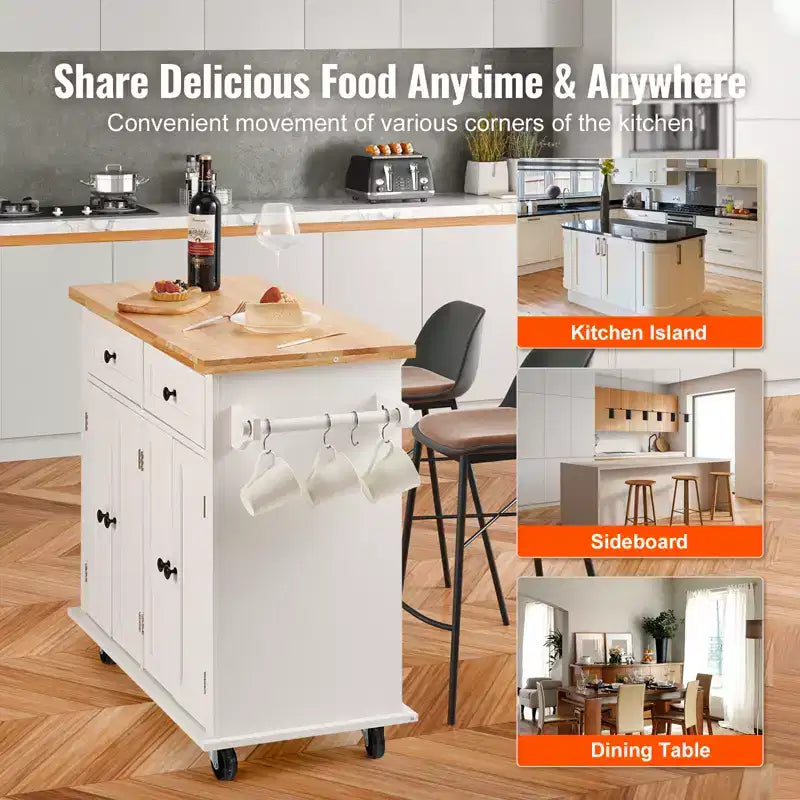 Desserte de cuisine VEVOR avec plateau en bois massif, chariot mobile de 90 cm de large avec meuble de rangement, table de cuisine roulante avec étagère à épices, blanc