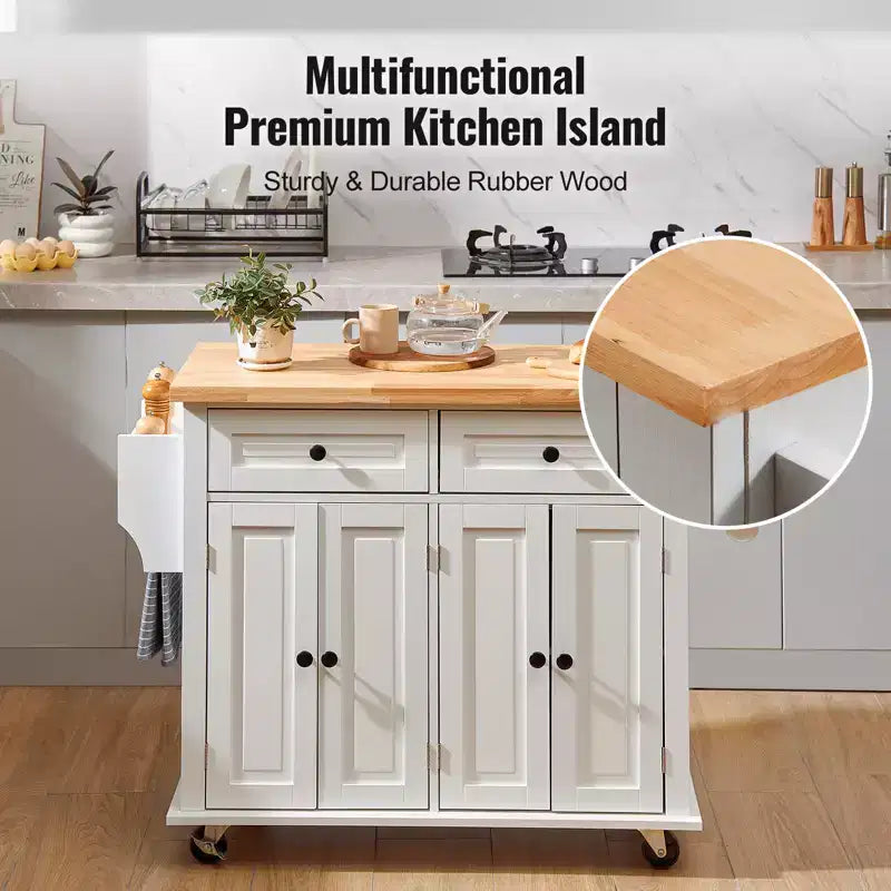 Desserte de cuisine VEVOR avec plateau en bois massif, chariot mobile de 90 cm de large avec meuble de rangement, table de cuisine roulante avec étagère à épices, blanc