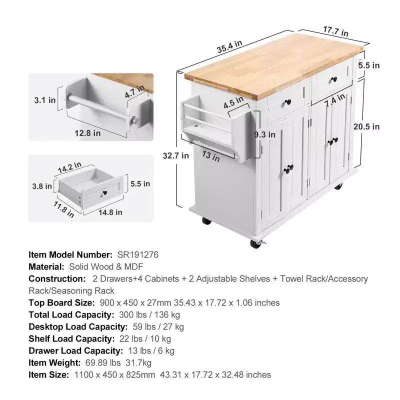 Desserte de cuisine VEVOR avec plateau en bois massif, chariot mobile de 90 cm de large avec meuble de rangement, table de cuisine roulante avec étagère à épices, blanc