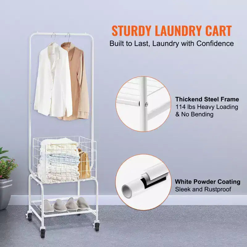 Chariot à linge roulant en métal VEVOR avec tringle à vêtements, panier à linge réglable en hauteur avec chargement de panier et chargement d'étagère
