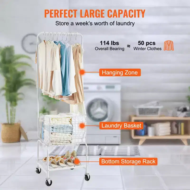 Chariot à linge roulant en métal VEVOR avec tringle à vêtements, panier à linge réglable en hauteur avec chargement de panier et chargement d'étagère