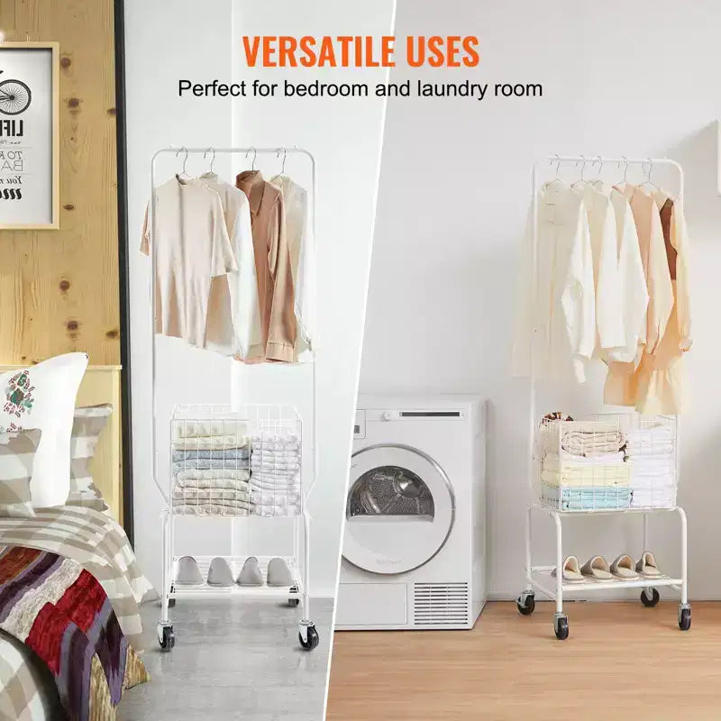 Chariot à linge roulant en métal VEVOR avec tringle à vêtements, panier à linge réglable en hauteur avec chargement de panier et chargement d'étagère