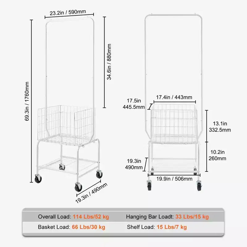 Chariot à linge roulant en métal VEVOR avec tringle à vêtements, panier à linge réglable en hauteur avec chargement de panier et chargement d'étagère