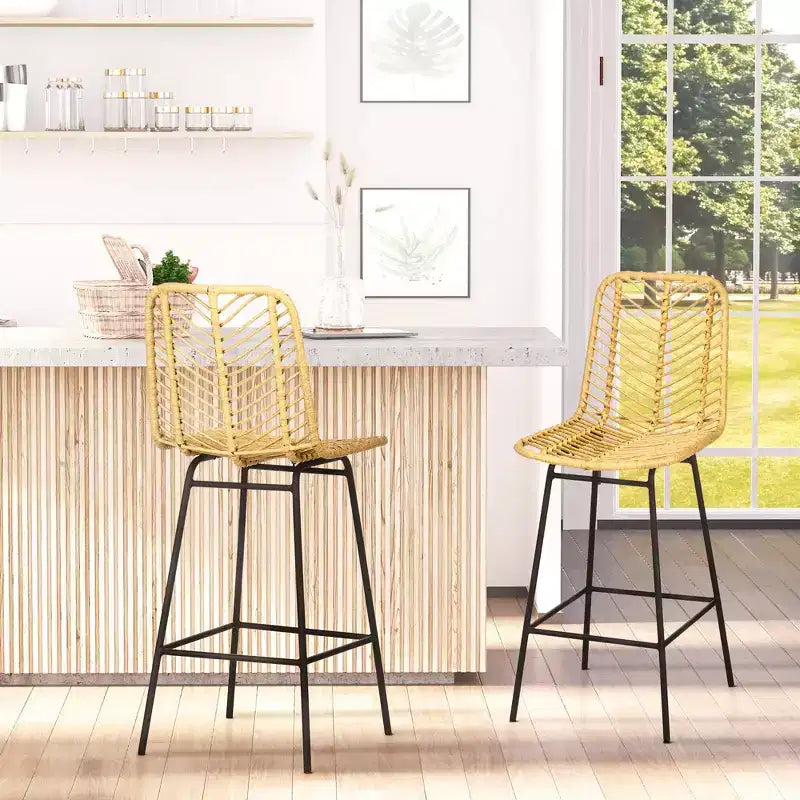 Tabourets de bar en rotin Vatros, lot de 2 tabourets de comptoir de 66 cm, tabourets de cuisine bohème avec assise et dossier en osier respirant