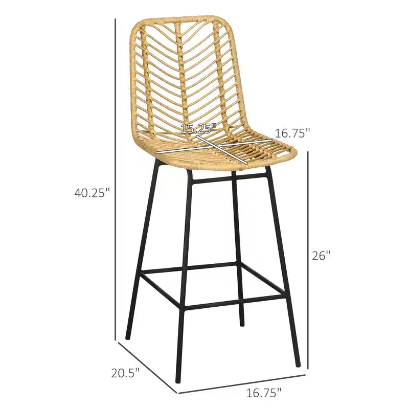 Tabourets de bar en rotin Vatros, lot de 2 tabourets de comptoir de 66 cm, tabourets de cuisine bohème avec assise et dossier en osier respirant