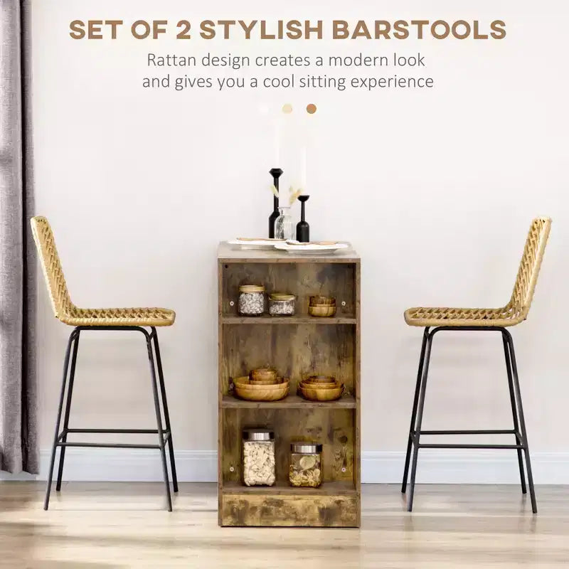 Tabourets de bar en rotin Vatros, lot de 2 tabourets de comptoir de 66 cm, tabourets de cuisine bohème avec assise et dossier en osier respirant