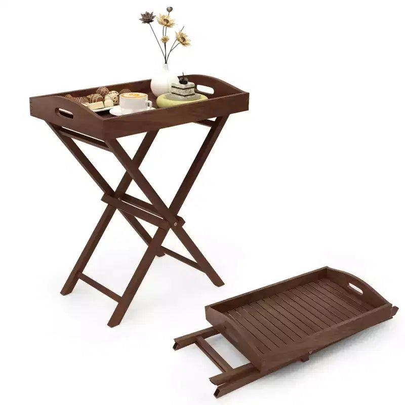 Costway 1/2 PCS Solid Teak Wood Tray Table 28 High Folding Table with Removable Tray Top