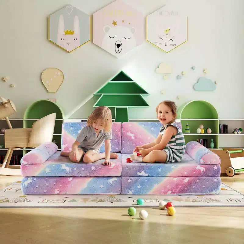 Canapé de jeu modulaire Costway 8 pièces pour enfants avec poignées Housse lavable en machine pour construire une forteresse Gris/Multicolore