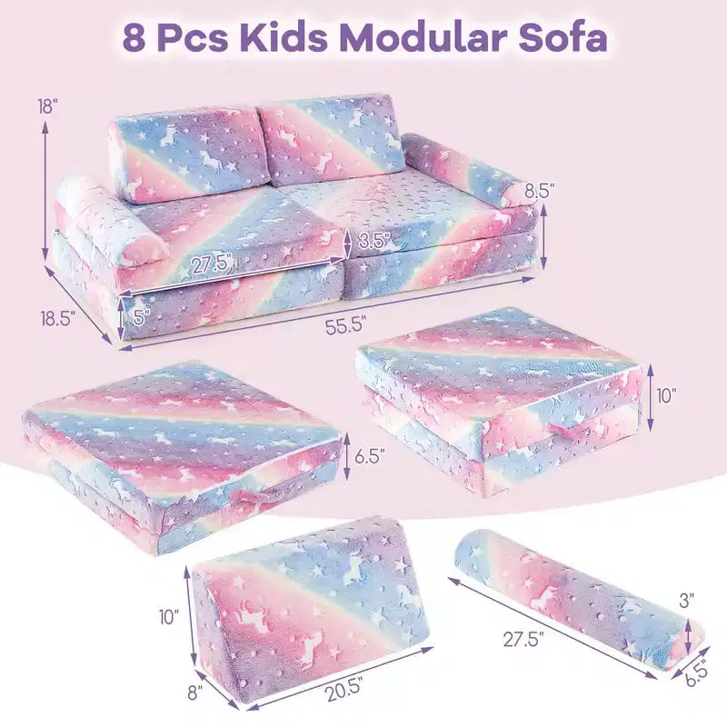 Canapé de jeu modulaire Costway 8 pièces pour enfants avec poignées Housse lavable en machine pour construire une forteresse Gris/Multicolore